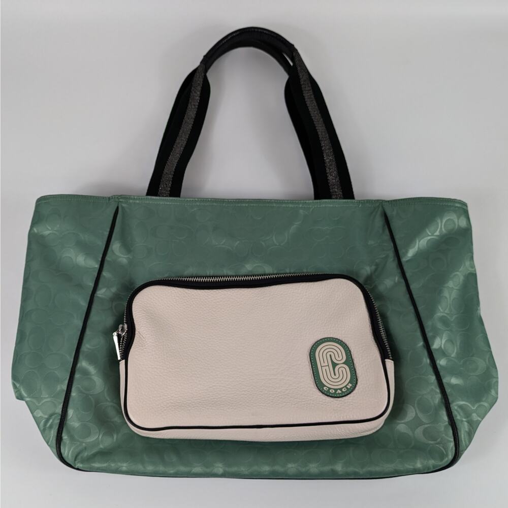 Coach Washed Green Court Tote In Colorblock C3656 Signature Nylon HTF Rare